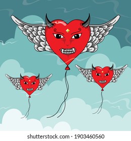 The picture is a picture of three balloons in the shape of a devil flying above the clouds