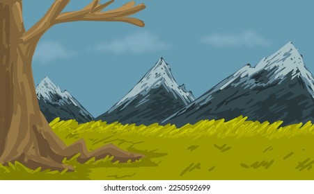 Picture of three big mountains with snow on it, and a dead tree at the grass field