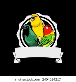 picture of three birds, namely green cucak, canary, and lovebird