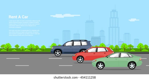 picture of three cars on the roar with big city silhouette on background, flat style illustration, rent a car concept