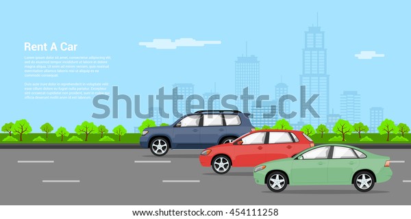 picture of\
three cars on the roar with big city silhouette on background, flat\
style illustration, rent a car\
concept