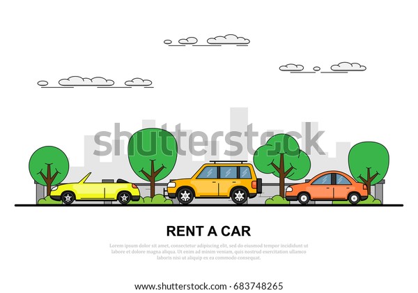 picture of\
three cars on the roar with big city sillhouette on background,\
flat style illustration, rent a car\
concept