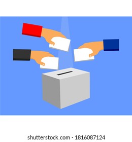 picture of three hands trying to put paper into a box