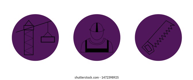 The picture three icons for projects in the construction business icons crane, man builder, saw. Icons for site, project, presentation.