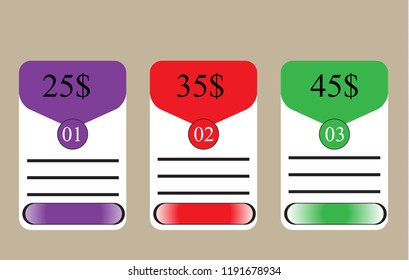 In the picture three labels of different colors of violet, green, crimson with lines. Price tags for the store, for typing. Infographics for typing, prices.
