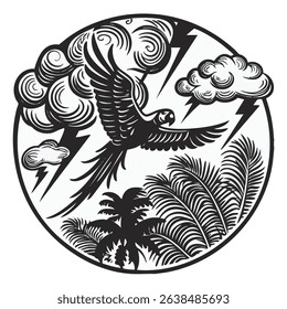 a picture of a thunderbolt between the clouds and a parrot flying in the sky