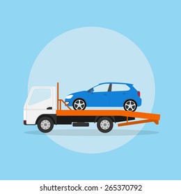 picture of the tow truck with car on it, flat style illustration