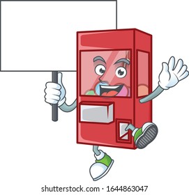 A picture of toy claw machine cartoon character with board