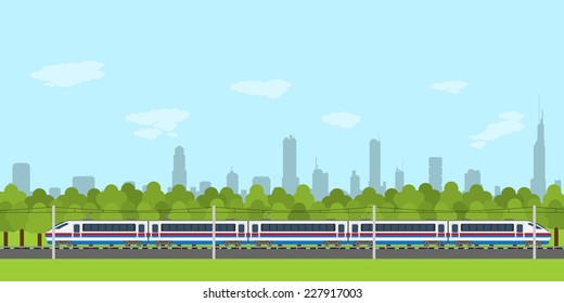 picture of train on railway with forest and city silhouette on background, flat style infographic