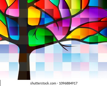 A picture of a tree with an abstract background of multi-colored squares