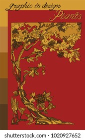 Picture with a tree in brown tones on a red background, with inscriptions