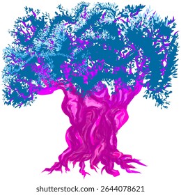 A picture of a tree in a fairy tale land that is brightly colored and aesthetic