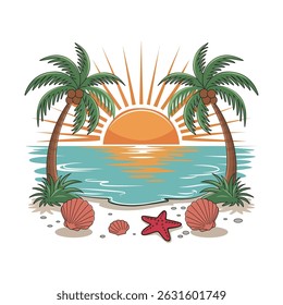 A picture of a tropical island with palm trees and waves