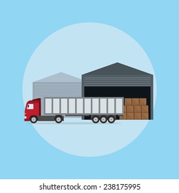 picture of a truck in front of the warehouse, flat style illustration