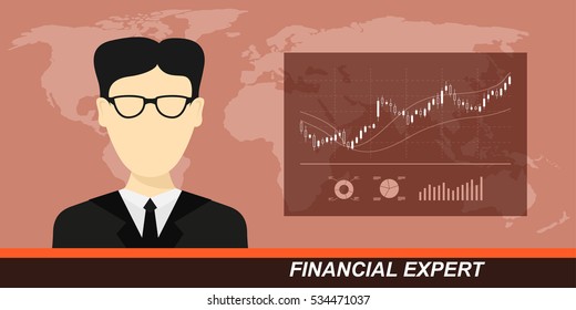 picture of tv anchor with candlestick stock graph with world map on background, stock market analysis, financial expert, financial news concept, flat style illustration