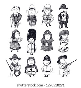 Picture of twenty tiny people in historical and traditional  costumes Hand drawing isolated objects set