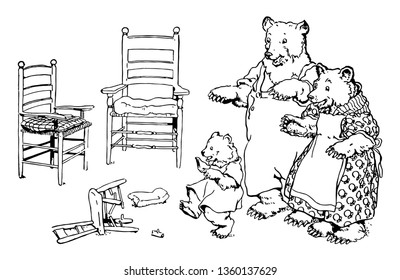 Picture Of Two Bears And A Tiny Bear, Three Chairs Are Placed In Front Of Them. One Chair Is Fallen On The Ground, Vintage Line Drawing Or Engraving Illustration.