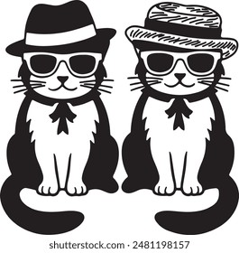 A picture of two cats sitting in sunglasses and wearing hats silhouette vector illustration