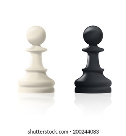 picture of two chess pawns, black and white, figures are isolated on white background