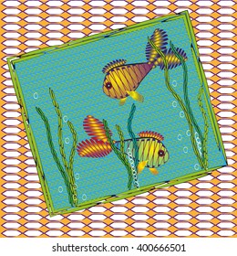 Picture of two colored fish
Illustration of two colored fish among the seaweed and air bubbles under water used two background in the central shell and the overall cell
