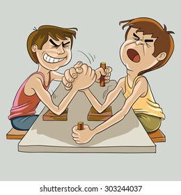 Picture of two competitors in the power of the men at the table for armwrestling