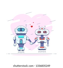 Picture of two cute robots holding each others hand. Robots in love. Flat style illustration.