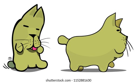 Picture of two dogs. One of them stands, and the second character sits.