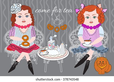 a picture of two dolls with cups of tea in the interior