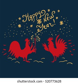 Picture of two roosters with the greeting text isolated on blue background. Design for Chinese new year 2017 - Rooster Year. Vector Illustration