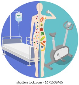 the picture two side body. The right side is the healthy body because eating healthy food and doing exercise but the left side is unhealthy body that take a lot of pills and admit to the hospital.