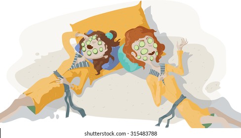 Picture of two woman friends enjoying their time with facial cucumber masks. Vector illustration, isolated on white.