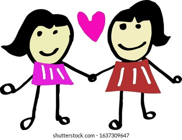 Picture two women walking hand in hand with love and happiness in color by hand painting.