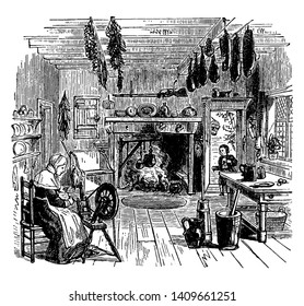 Picture of Typical Kitchen in New England,vintage line drawing or engraving illustration.