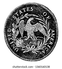 The picture of United States Silver Dollar. Eagle design and United States of America is on the upper part of the coin, vintage line drawing or engraving illustration.