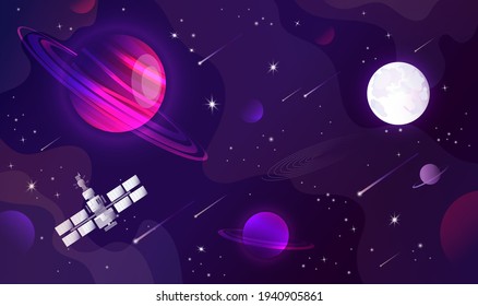 Picture of the Universe including satellite, moon, Saturn, asteroid rain, outer space exploration, comets, milky way, stars and planets. Vector graphic illustration. Dark violet background.