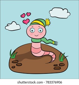 The picture for Valentine's Day: cute worm in cap and scarf in love