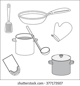 Picture of various kitchen utensils in black and white colors