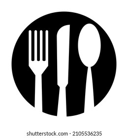 Vector de imagen de un cuchillo de horquilla e icono de cuchara dentro de un círculo. Negro. logotipo de placa