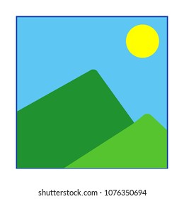 Picture vector icon. Landscape illustration with mountains, sky and sun