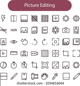 Picture vector icons set. Art concept. Painting and photography items. Icons for galleries and advertising, landscape, portrait, photo, macro, camera. Isolated on white background