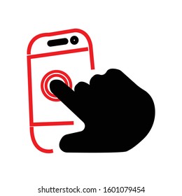 the picture of vector logo hand touching mobile phones with white background