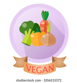 Picture of vegan vegetables. Vector badge illustration with ribbon in the circle frame.