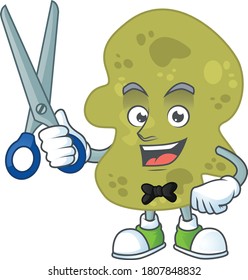 A picture of verrucomicrobia Barber cartoon character working with scissor. Vector illustration