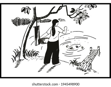a picture of Vietnamese lady feeding fish, pond, tree