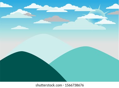 The picture of the view of a mountain range in the morning, with bluish-white clouds adding to the extraordinary impression