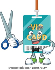 A picture of VIP pass card Barber cartoon character working with scissor. Vector illustration