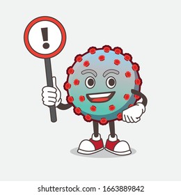 A picture of Virus cartoon mascot character rise up a warning sign