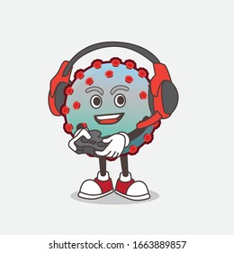 A picture of Virus cartoon mascot character play a game with headphone and controller