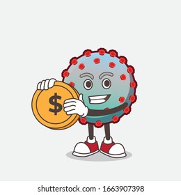 A picture of Virus cartoon mascot character holding a gold coin medal