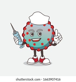A picture of Virus cartoon mascot character as nurse with medical syringe